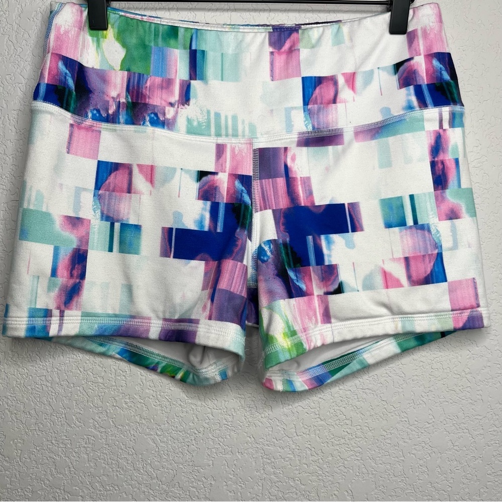 FLEO Women Shorts Large White Pixel Colorful High Rise Original Stretch Gym